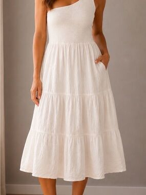 One-Shoulder White Midi Dress with Smocked Bodice